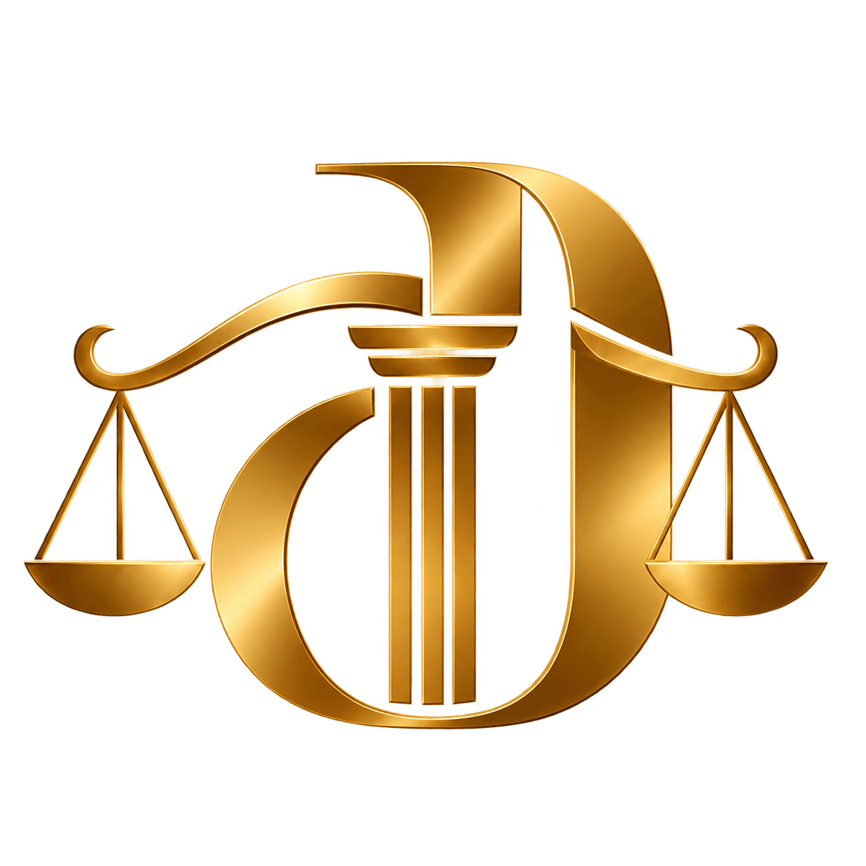 Emblema dorado de Dámaso & Asociados con balanzas de la justicia