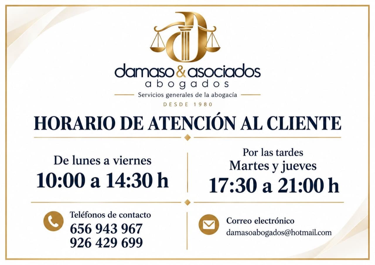 Cartel oficial de Dámaso & Asociados con horario de atención y teléfonos